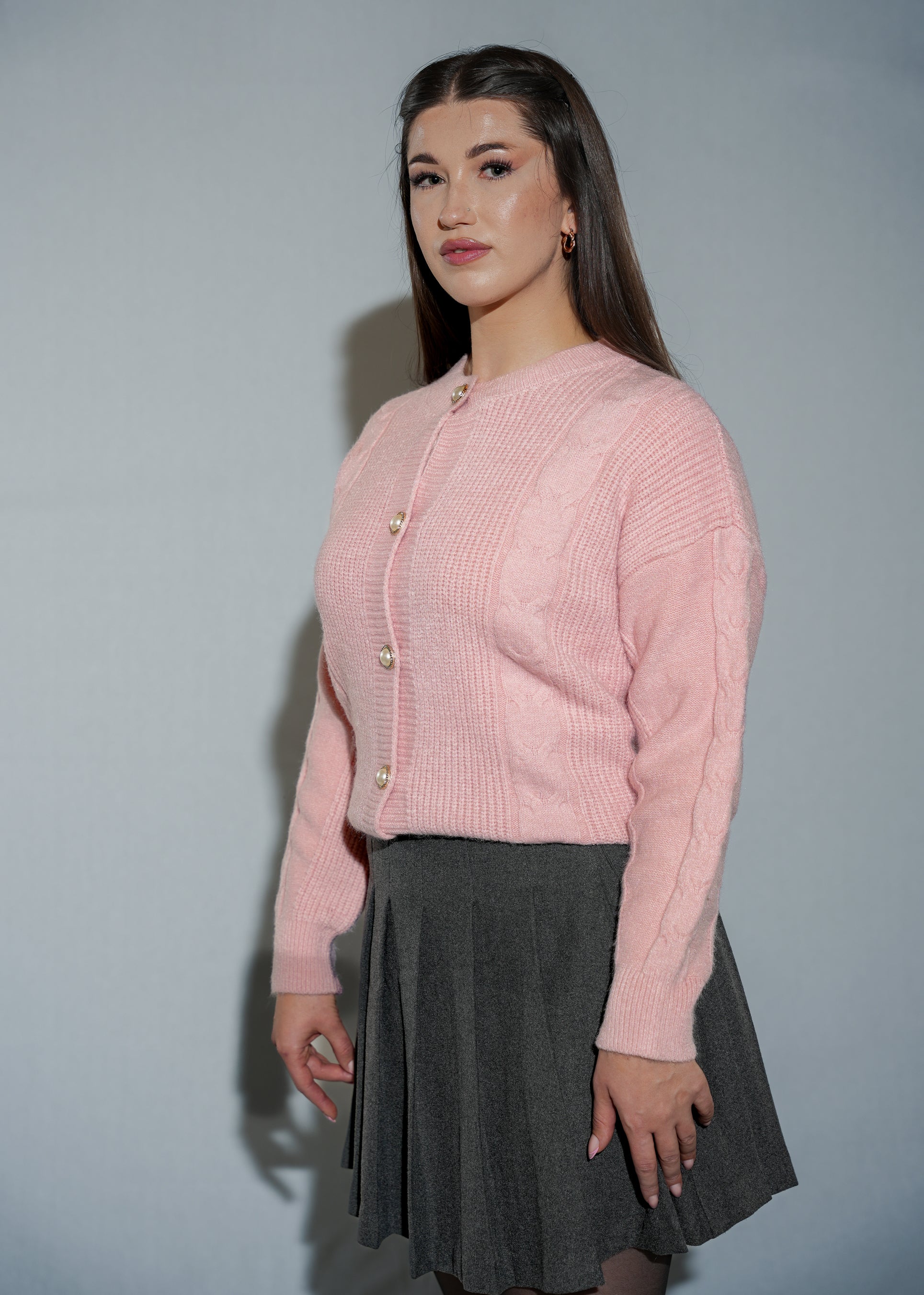 Women's Pink Cable Knit Cardigan - Pearl Button Crew Neck Sweater