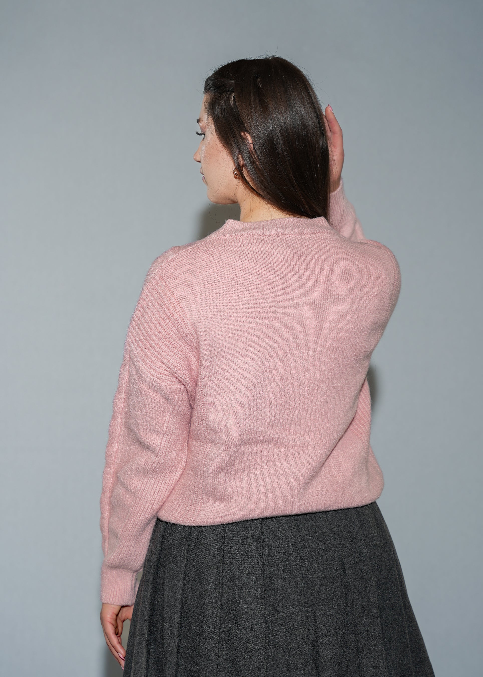 Women's Pink Cable Knit Cardigan - Pearl Button Crew Neck Sweater