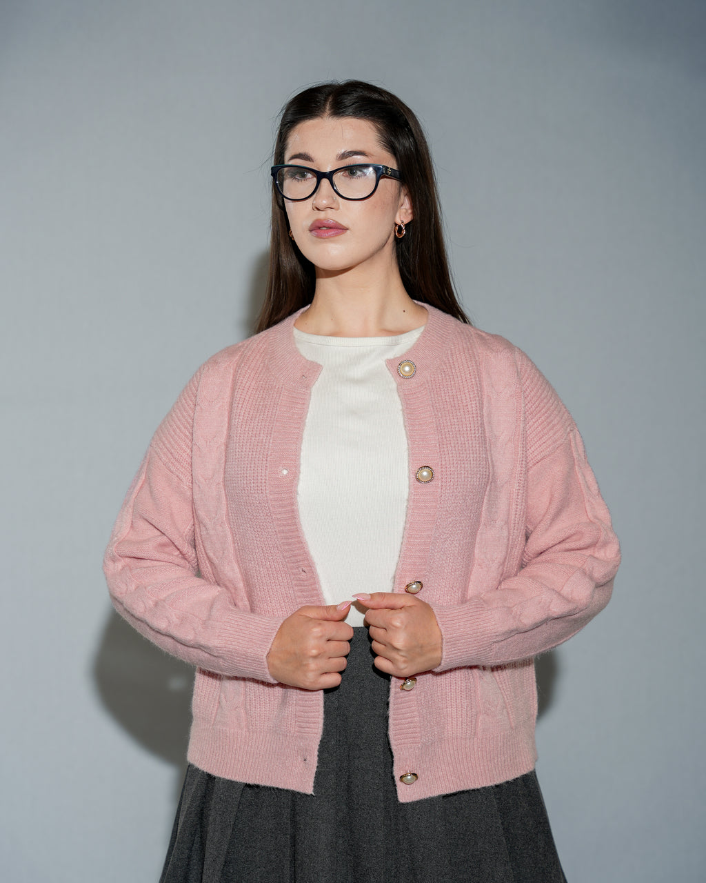 Women's Pink Cable Knit Cardigan - Pearl Button Crew Neck Sweater