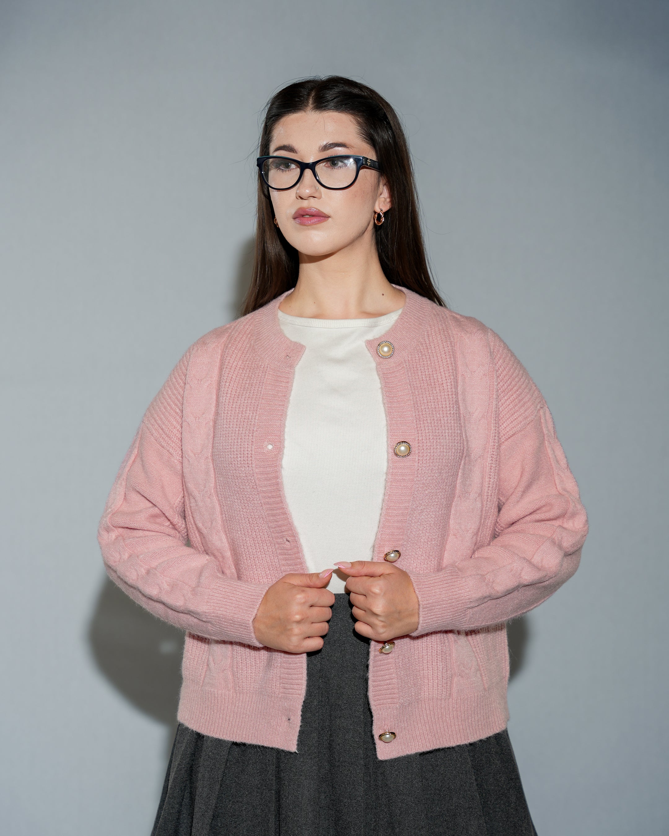 Women's Pink Cable Knit Cardigan - Pearl Button Crew Neck Sweater