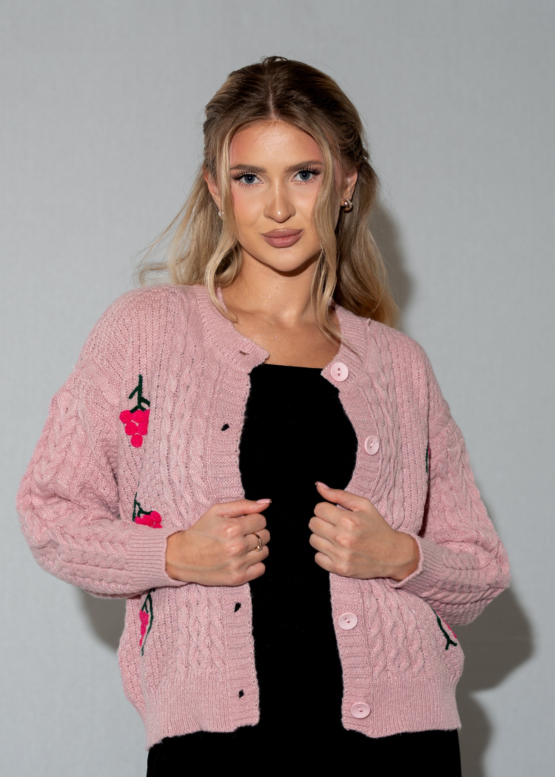 Women's Pink Floral Embroidered Cardigan - Cable Knit Button-Front Sweater