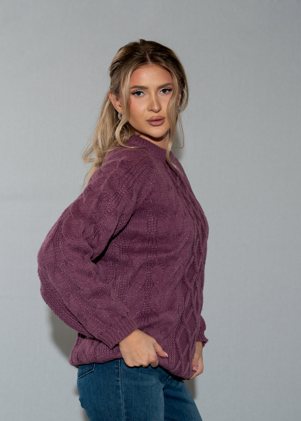 Women's Plum Cable Knit Sweater - Long Sleeve Crew Neck Pullover