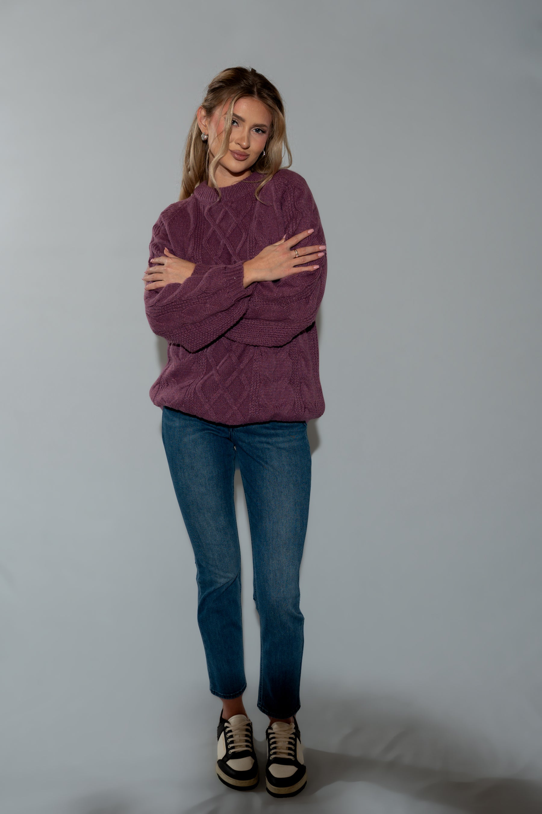 Women's Plum Cable Knit Sweater - Long Sleeve Crew Neck Pullover
