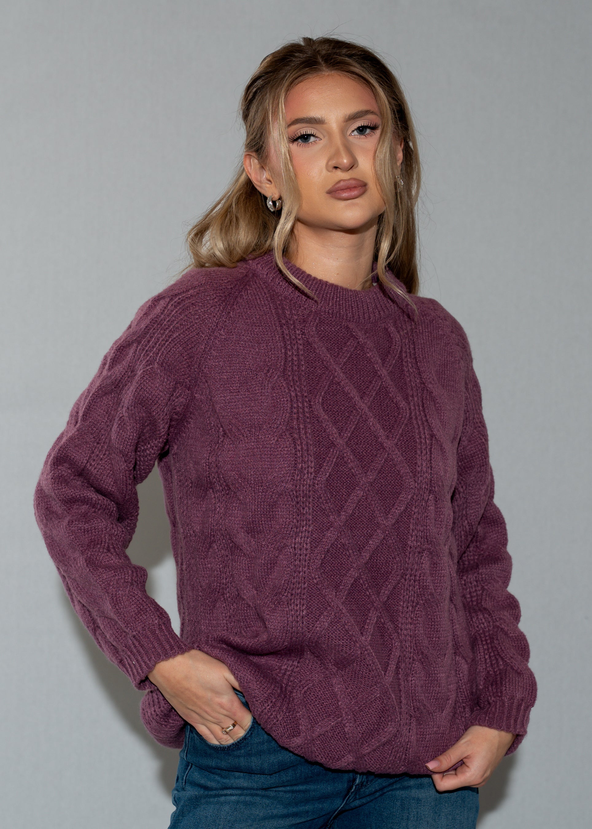Women's Plum Cable Knit Sweater - Long Sleeve Crew Neck Pullover