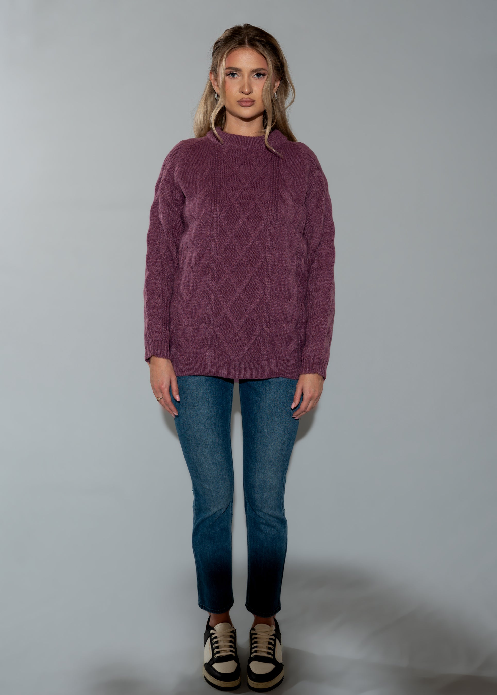 Women's Plum Cable Knit Sweater - Long Sleeve Crew Neck Pullover