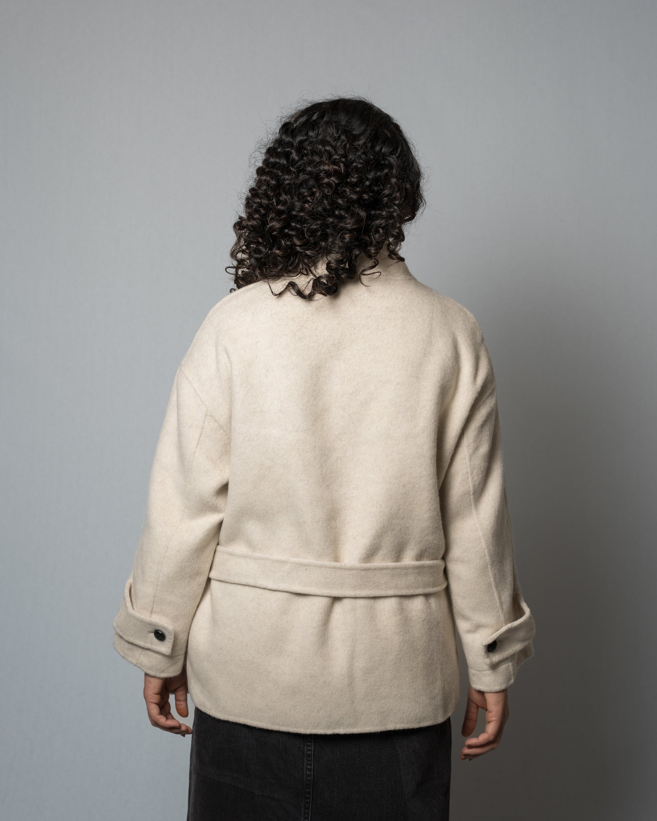 Women's Belted Short Wool Blend Beige Coat - Double-Breasted Winter Turtleneck Stand Collar Jacket