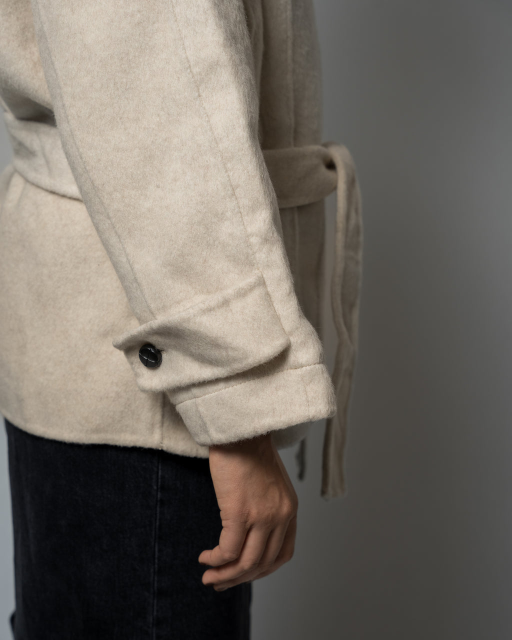 Women's Belted Short Wool Blend Beige Coat - Double-Breasted Winter Turtleneck Stand Collar Jacket