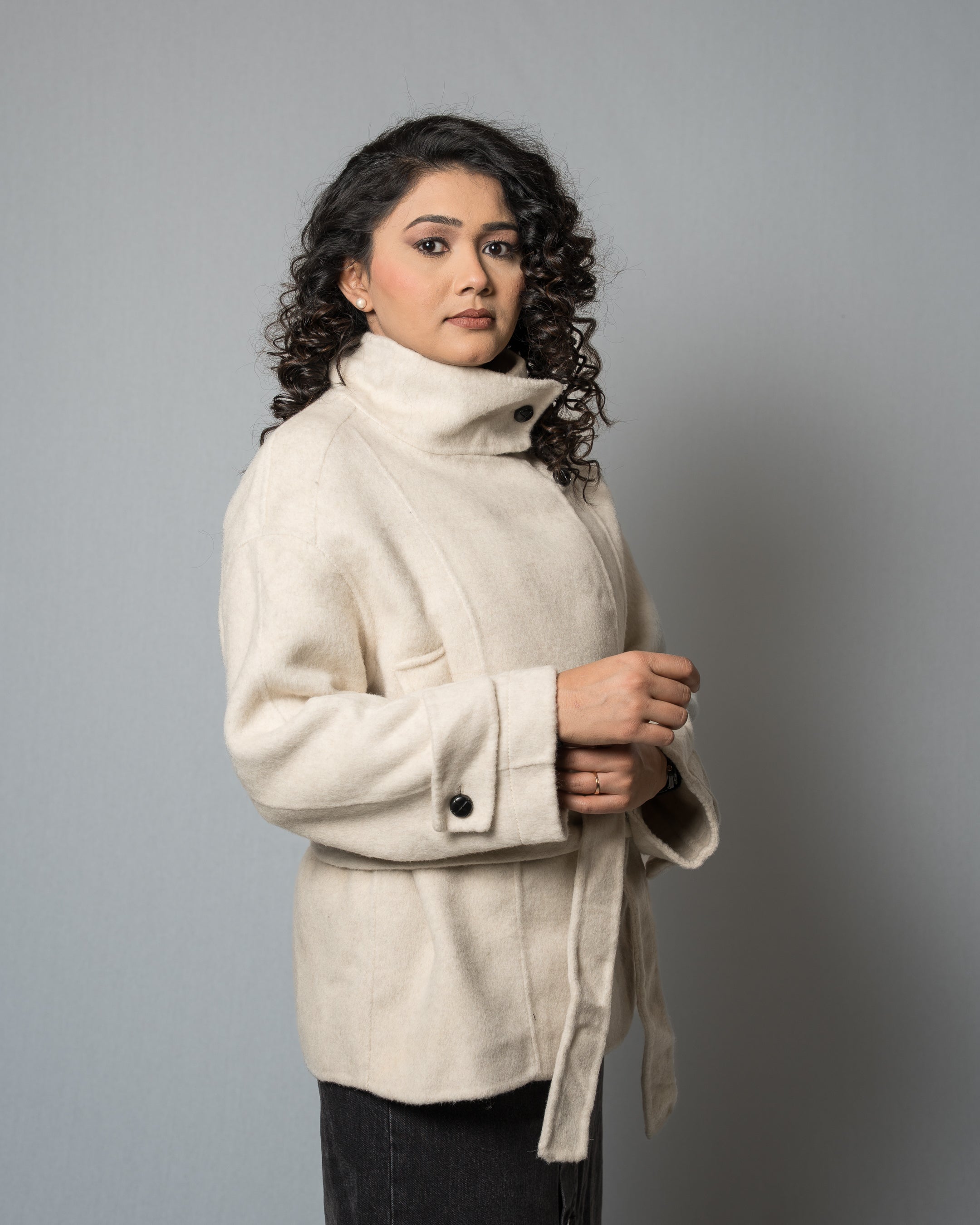 Women's Belted Short Wool Blend Beige Coat - Double-Breasted Winter Turtleneck Stand Collar Jacket