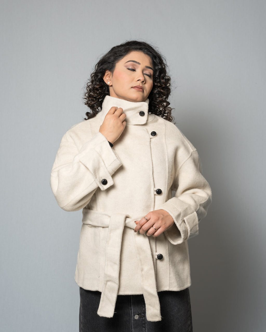 Women's Belted Short Wool Blend Beige Coat - Double-Breasted Winter Turtleneck Stand Collar Jacket
