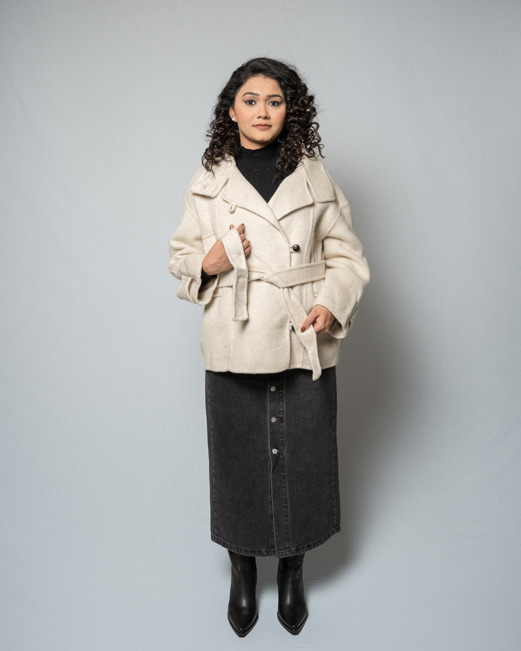 Women's Belted Short Wool Blend Beige Coat - Double-Breasted Winter Turtleneck Stand Collar Jacket