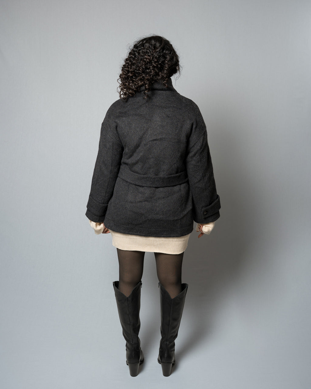 Women's Belted Short Wool Blend Black Coat - Double-Breasted Winter Turtleneck Stand Collar Jacket