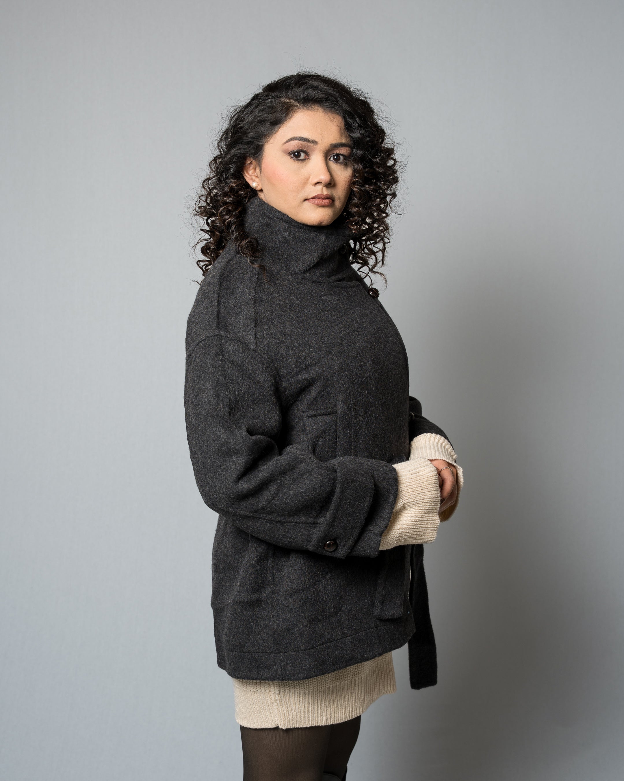 Women's Belted Short Wool Blend Black Coat - Double-Breasted Winter Turtleneck Stand Collar Jacket