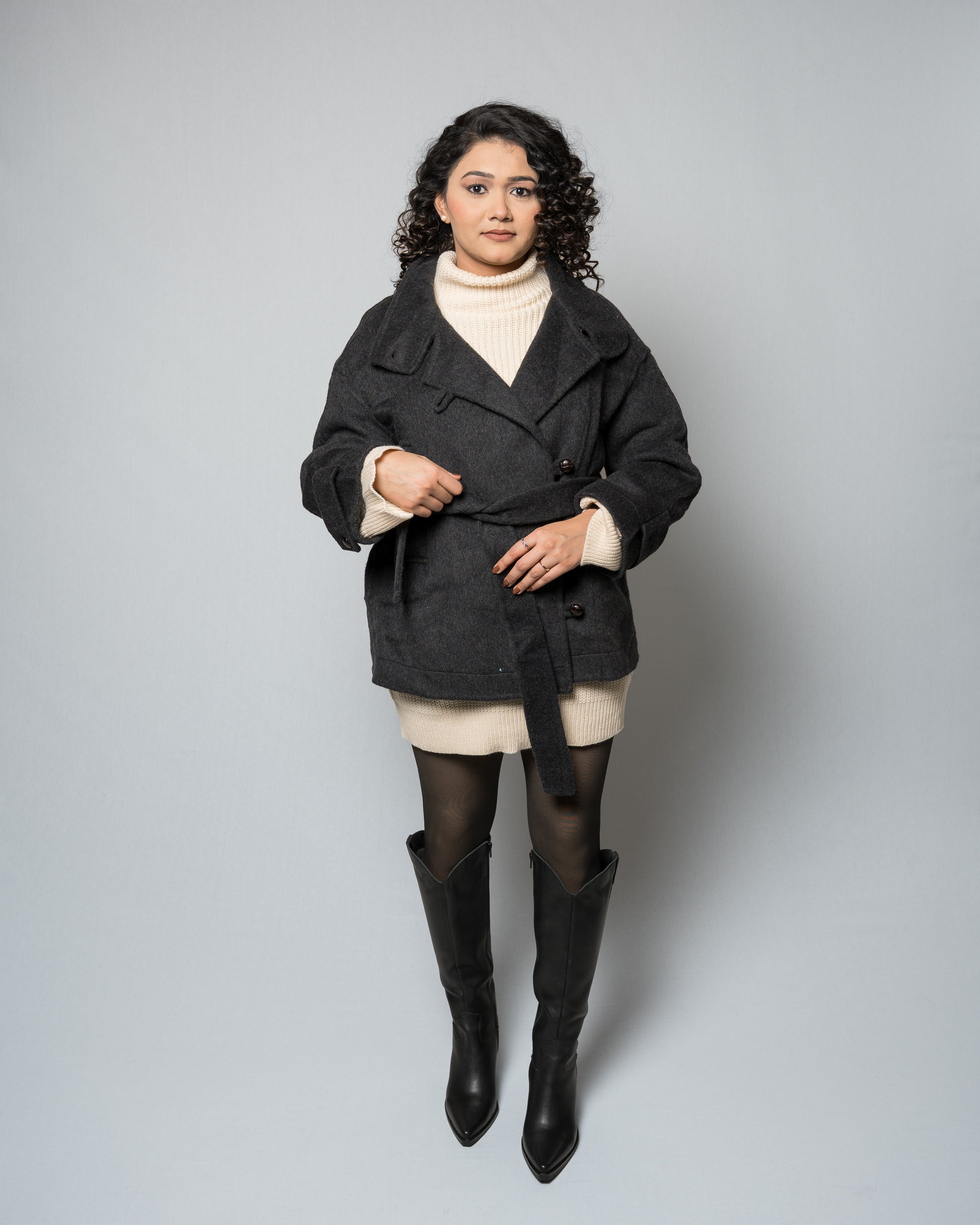Women's Belted Short Wool Blend Black Coat - Double-Breasted Winter Turtleneck Stand Collar Jacket