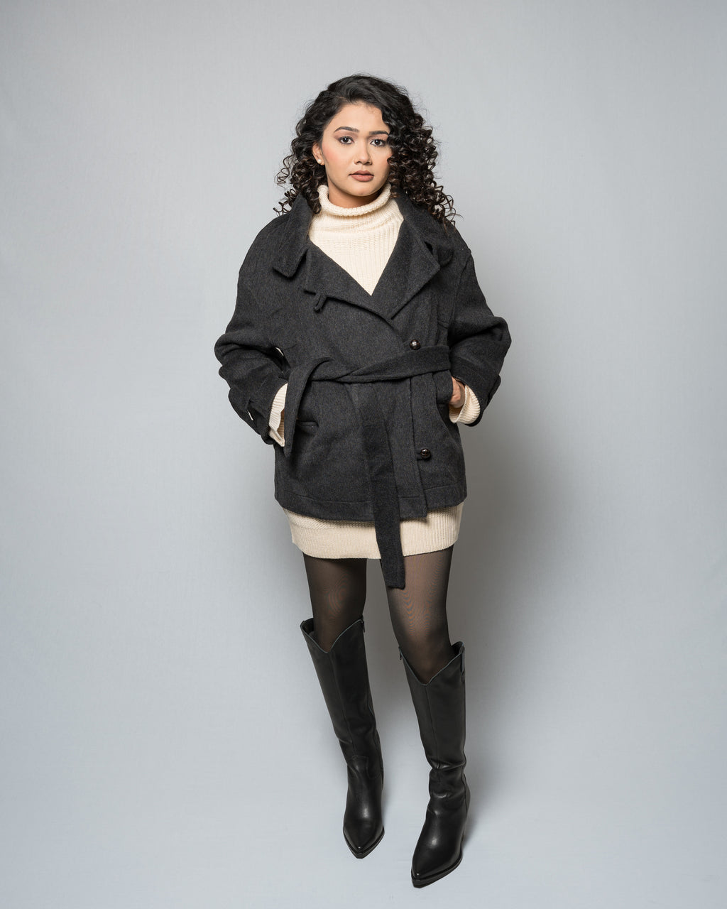 Women's Belted Short Wool Blend Black Coat - Double-Breasted Winter Turtleneck Stand Collar Jacket