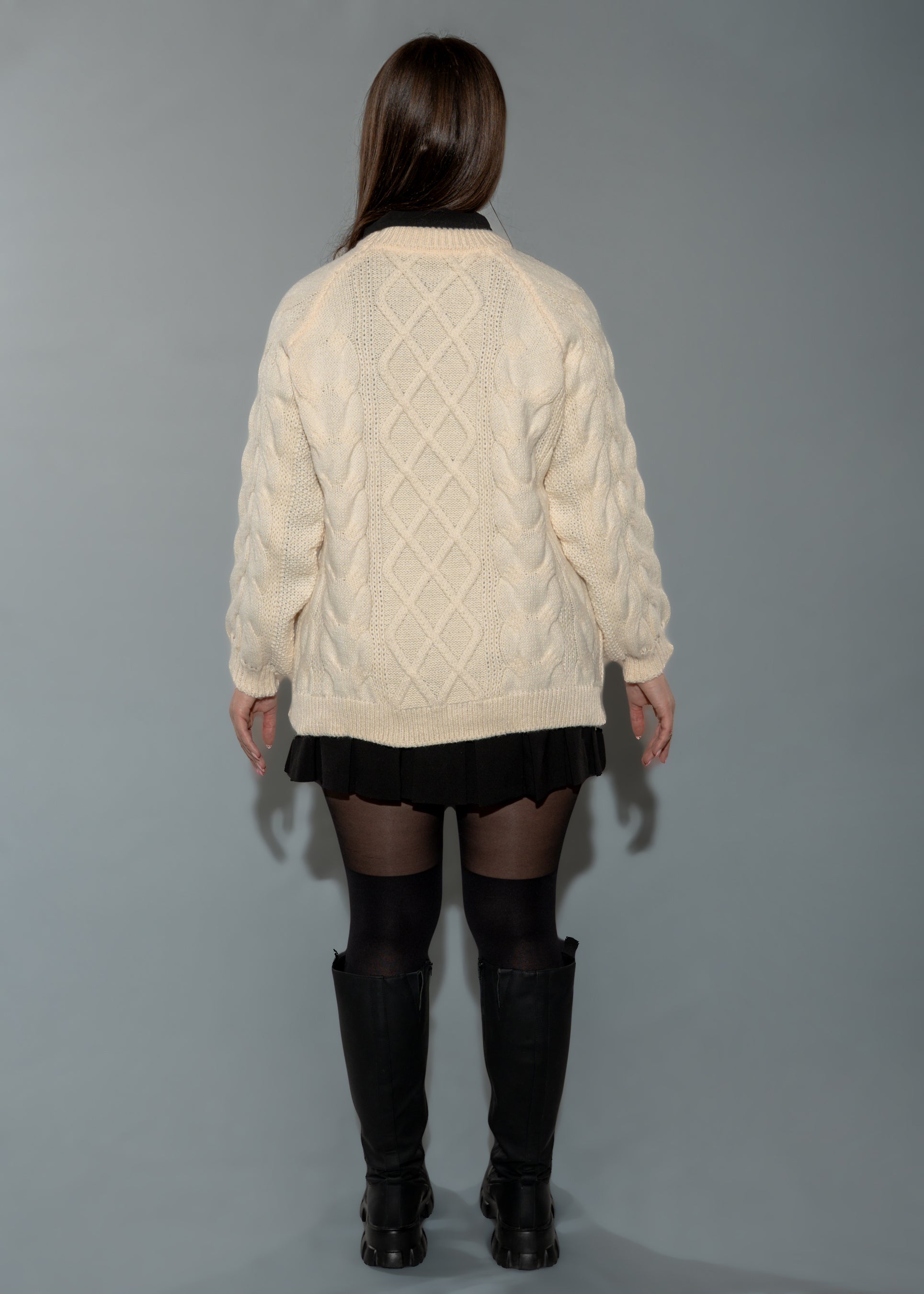 Women's Cream/ Beige Cable Knit Sweater - Long Sleeve Crew Neck Pullover