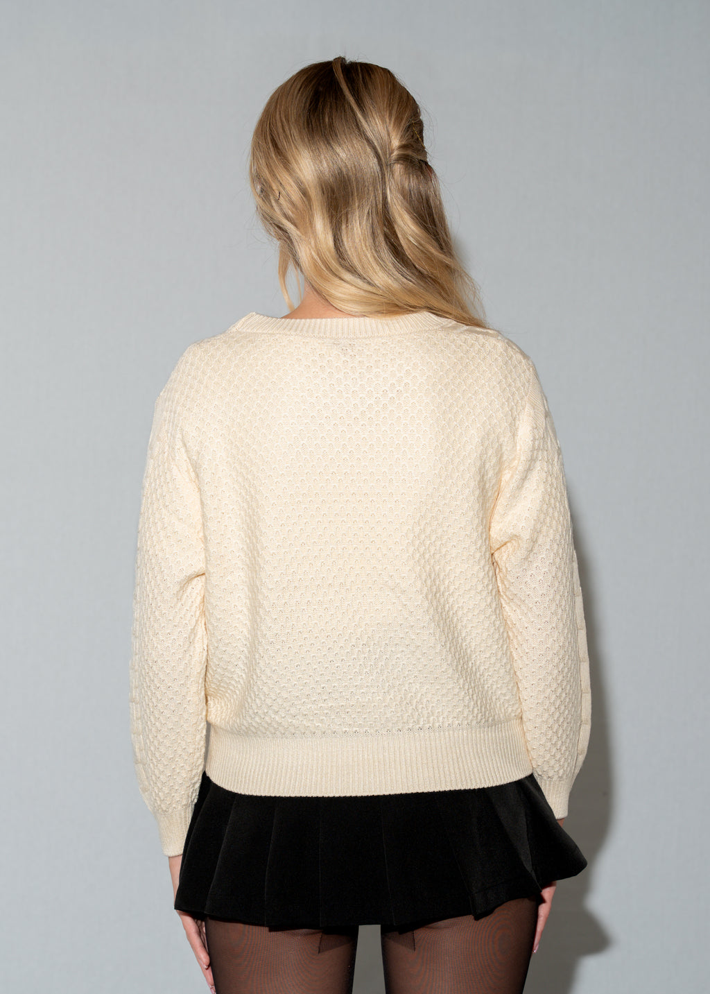 Beige 3D Bowtie Pattern Knit Sweater