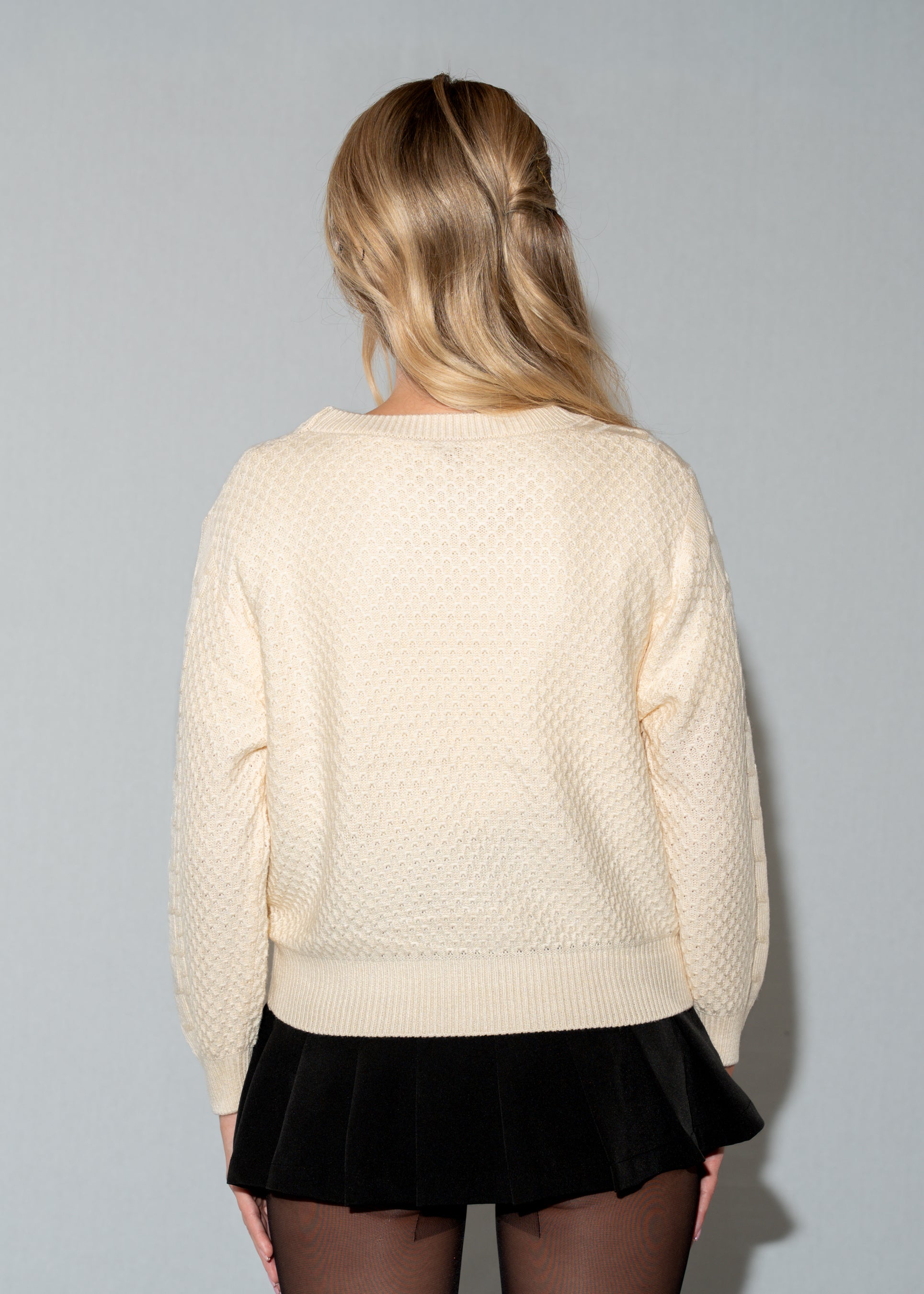 Beige 3D Bowtie Pattern Knit Sweater