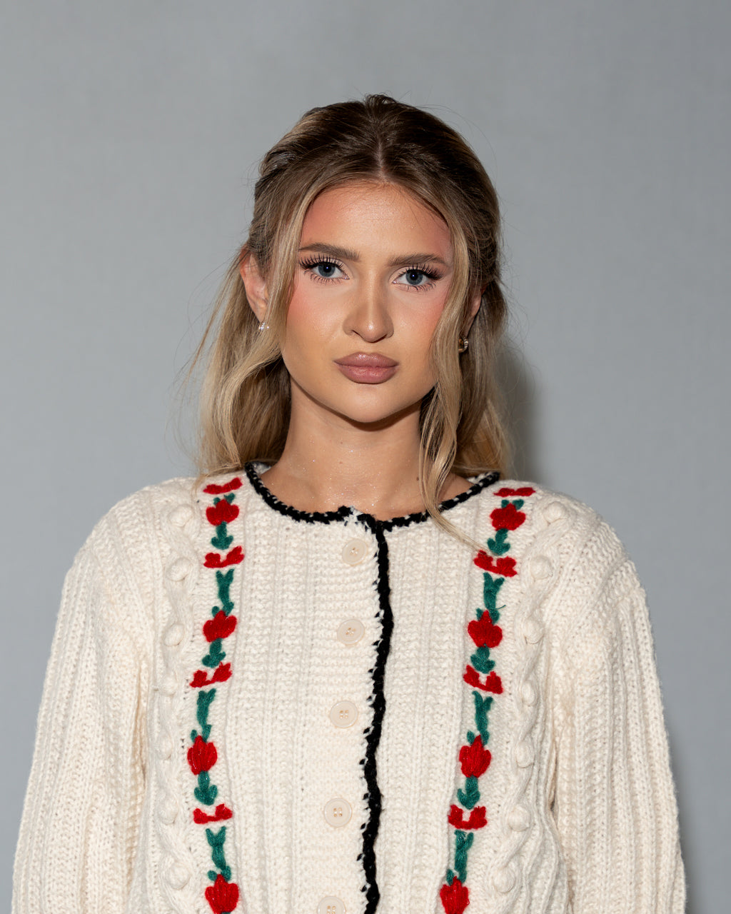 Beige Rose Embroidery Cropped Cardigan Sweater