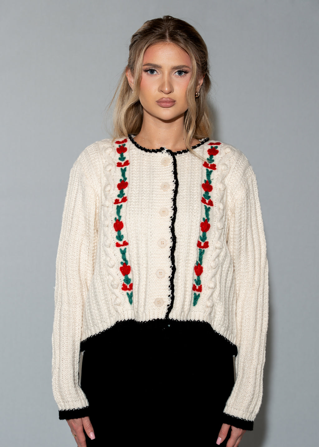 Beige Rose Embroidery Cropped Cardigan Sweater