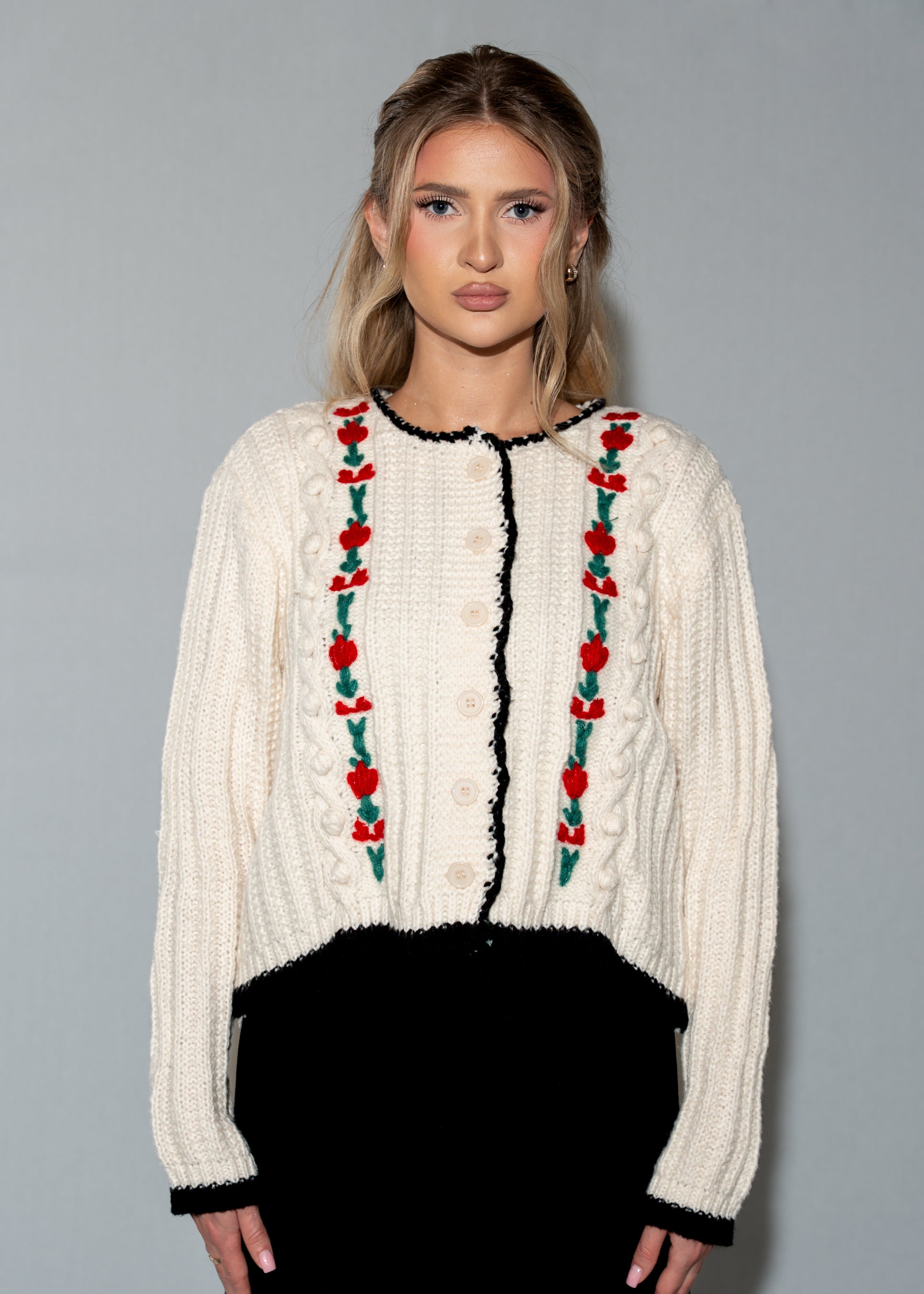 Beige Rose Embroidery Cropped Cardigan Sweater