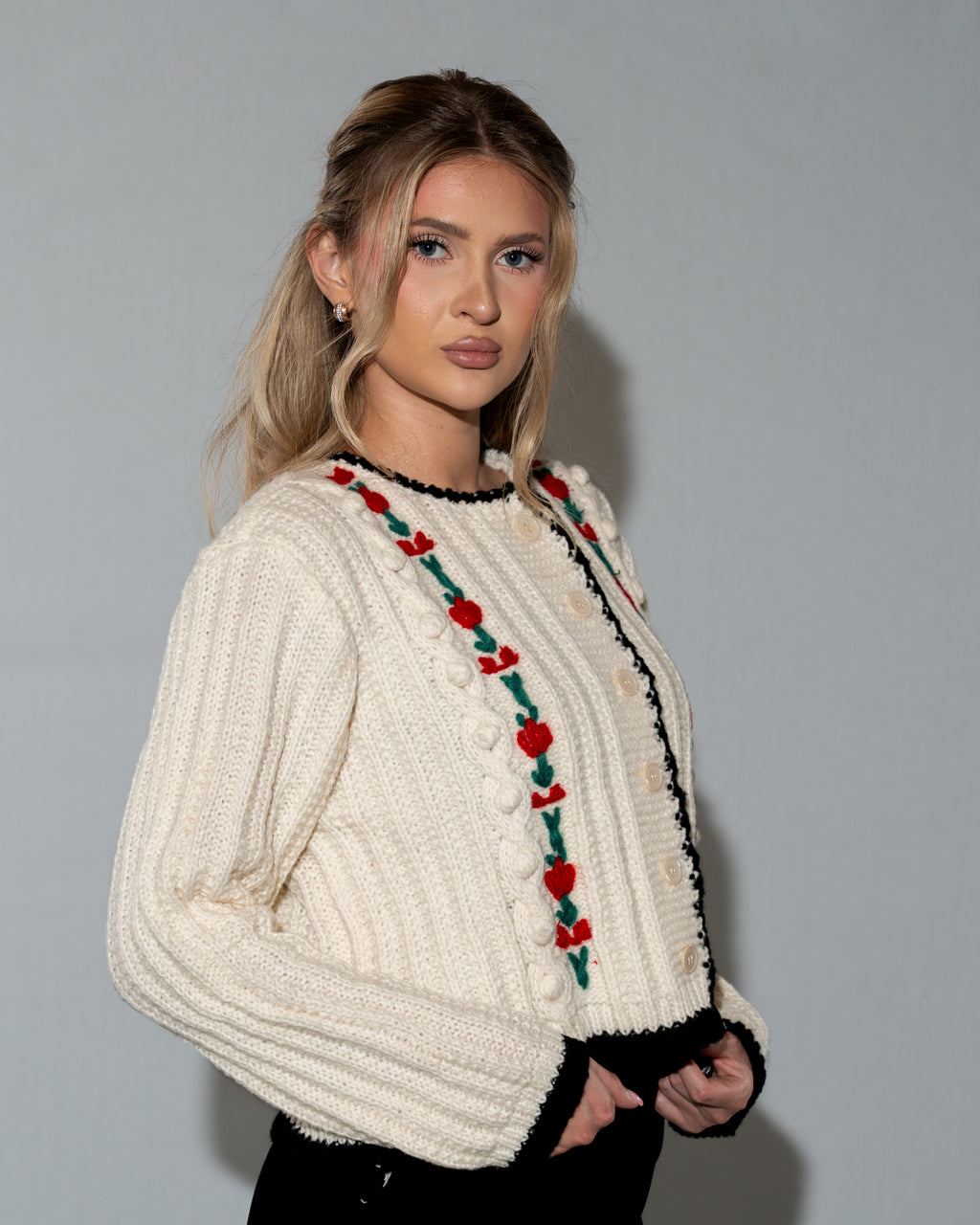 Beige Rose Embroidery Cropped Cardigan Sweater