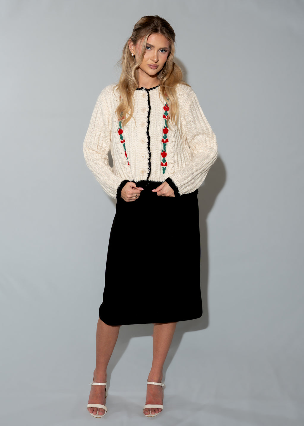Beige Rose Embroidery Cropped Cardigan Sweater