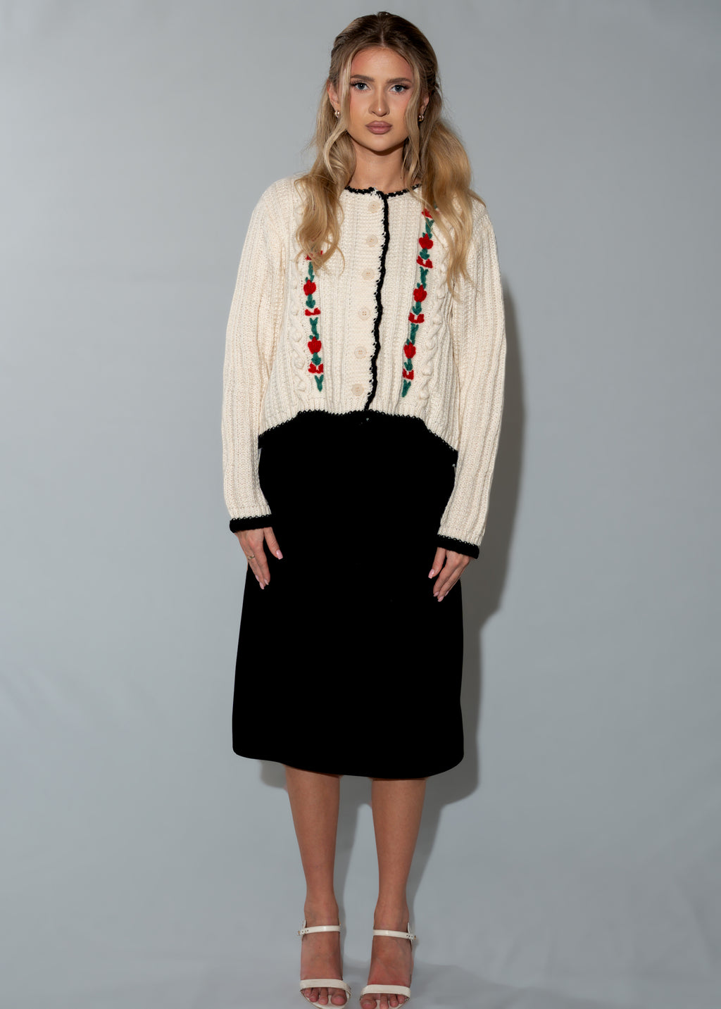 Beige Rose Embroidery Cropped Cardigan Sweater