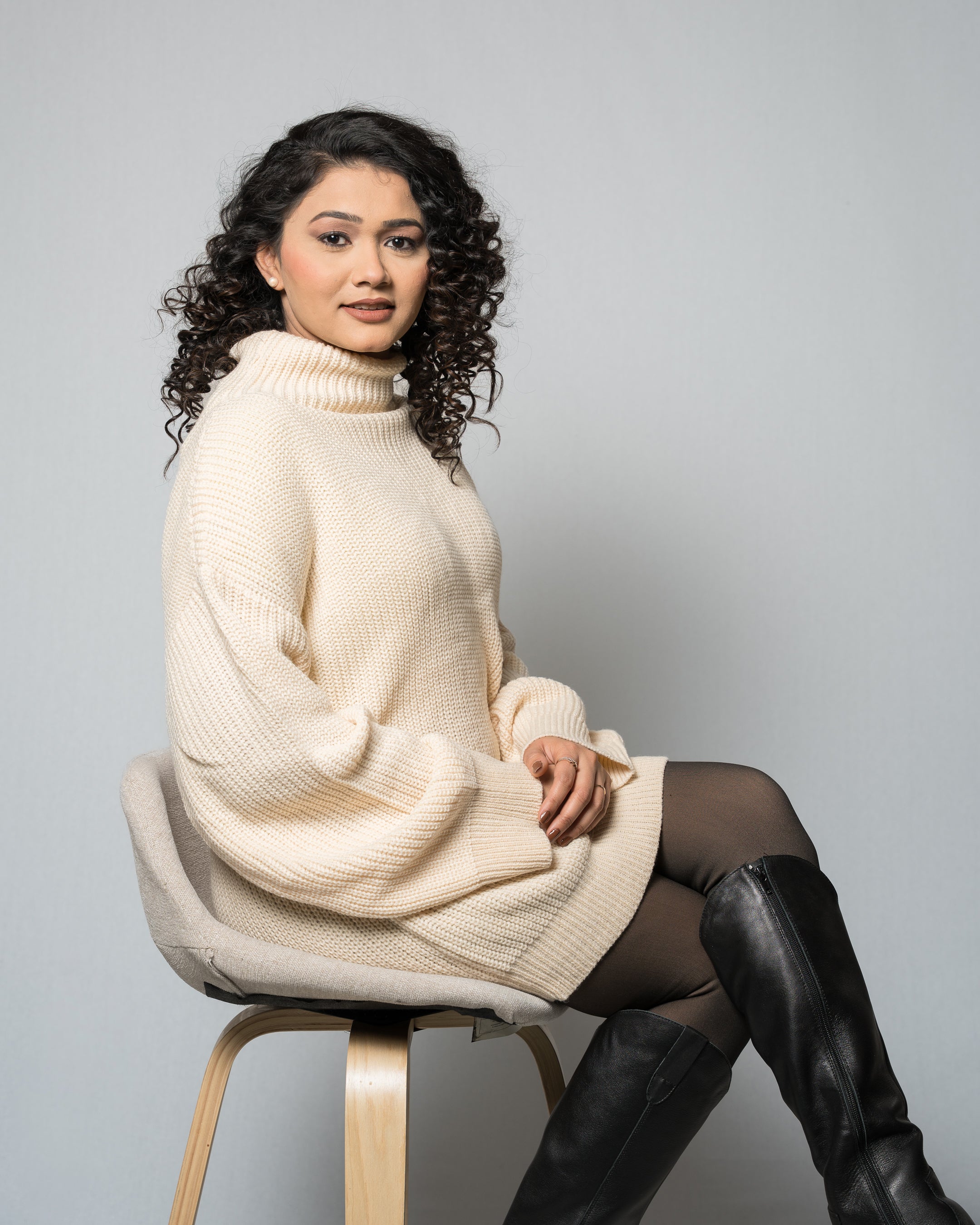 Women's Oversized Turtleneck Sweater Dress - Cream/Beige Knit Tunic