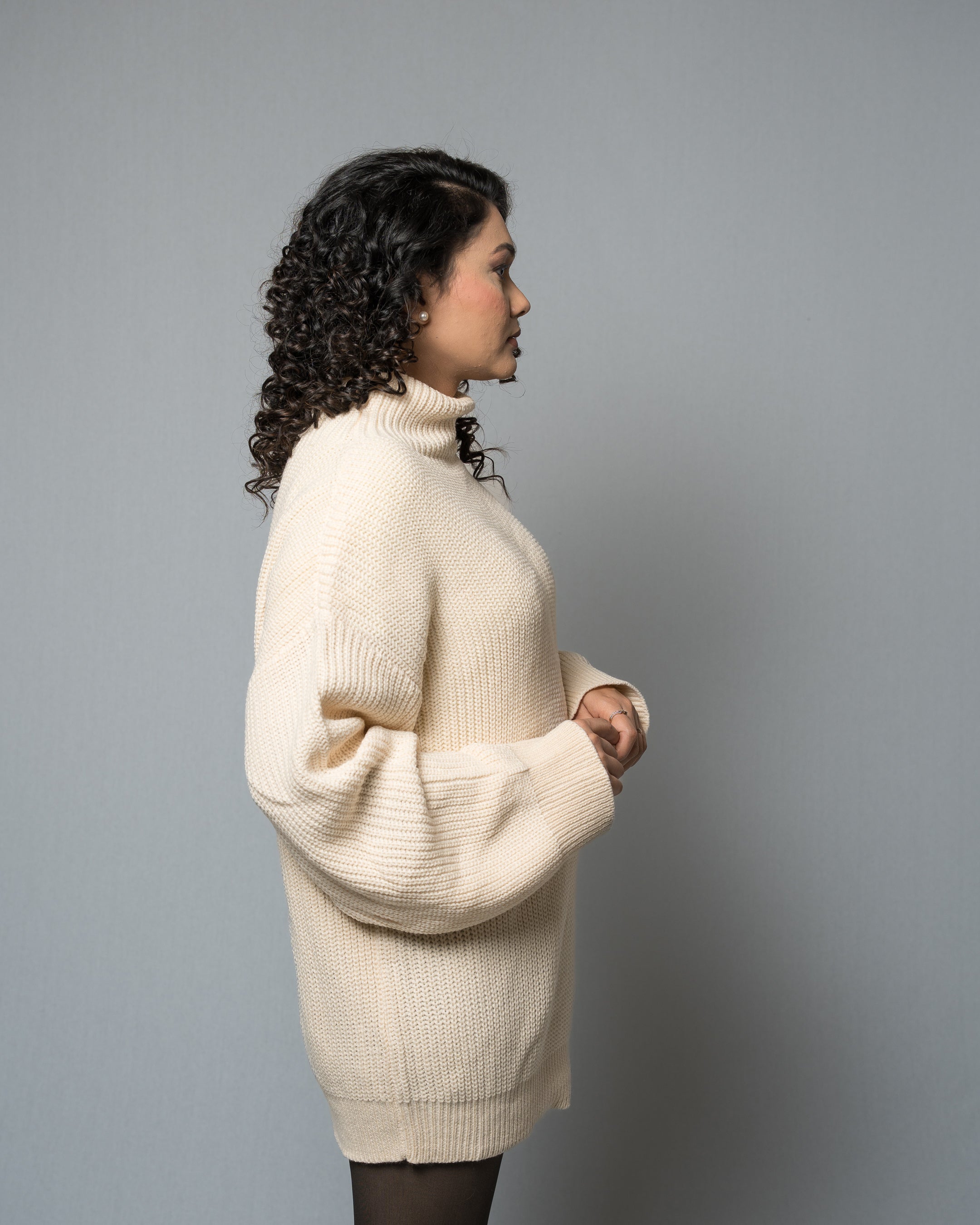 Women's Oversized Turtleneck Sweater Dress - Cream/Beige Knit Tunic