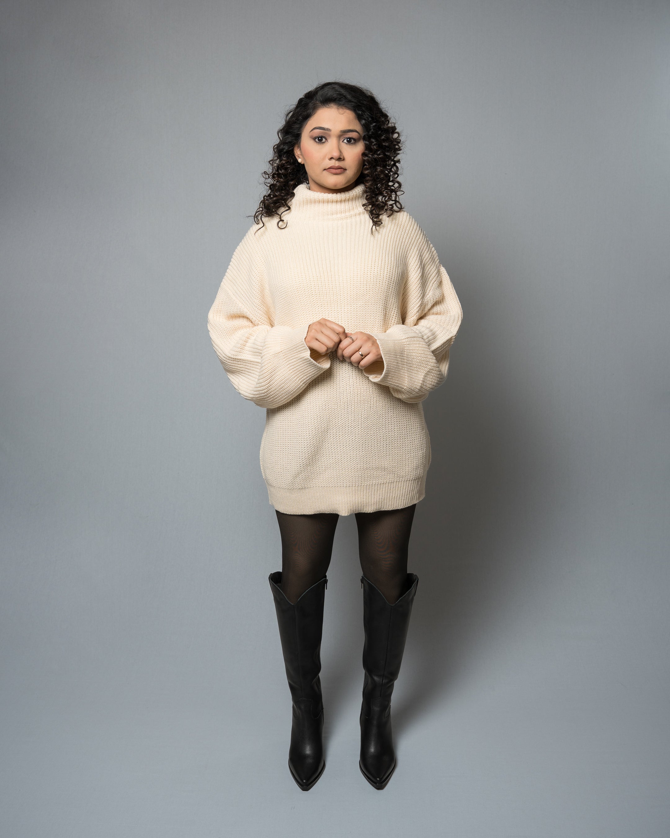 Women's Oversized Turtleneck Sweater Dress - Cream/Beige Knit Tunic