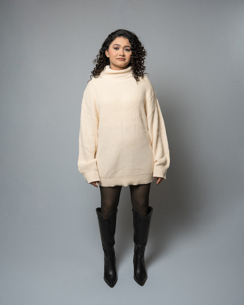 Women's Oversized Turtleneck Sweater Dress - Cream/Beige Knit Tunic