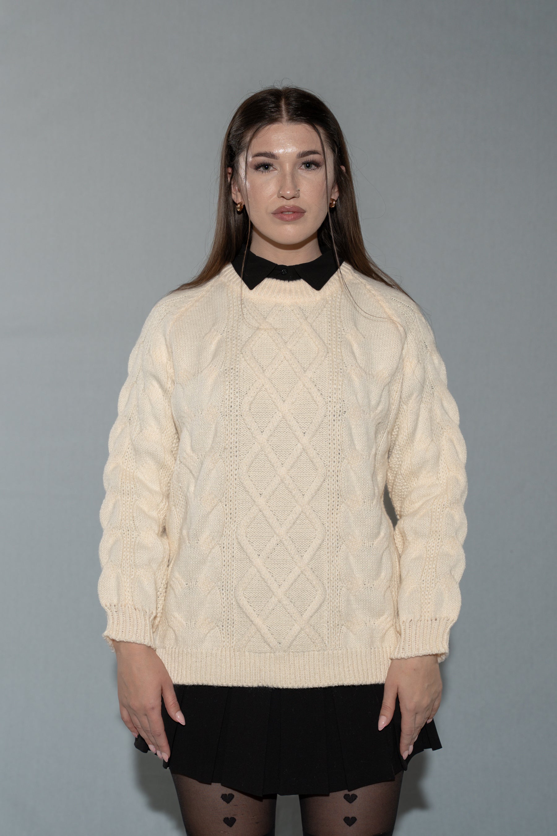 Women's Cream/ Beige Cable Knit Sweater - Long Sleeve Crew Neck Pullover