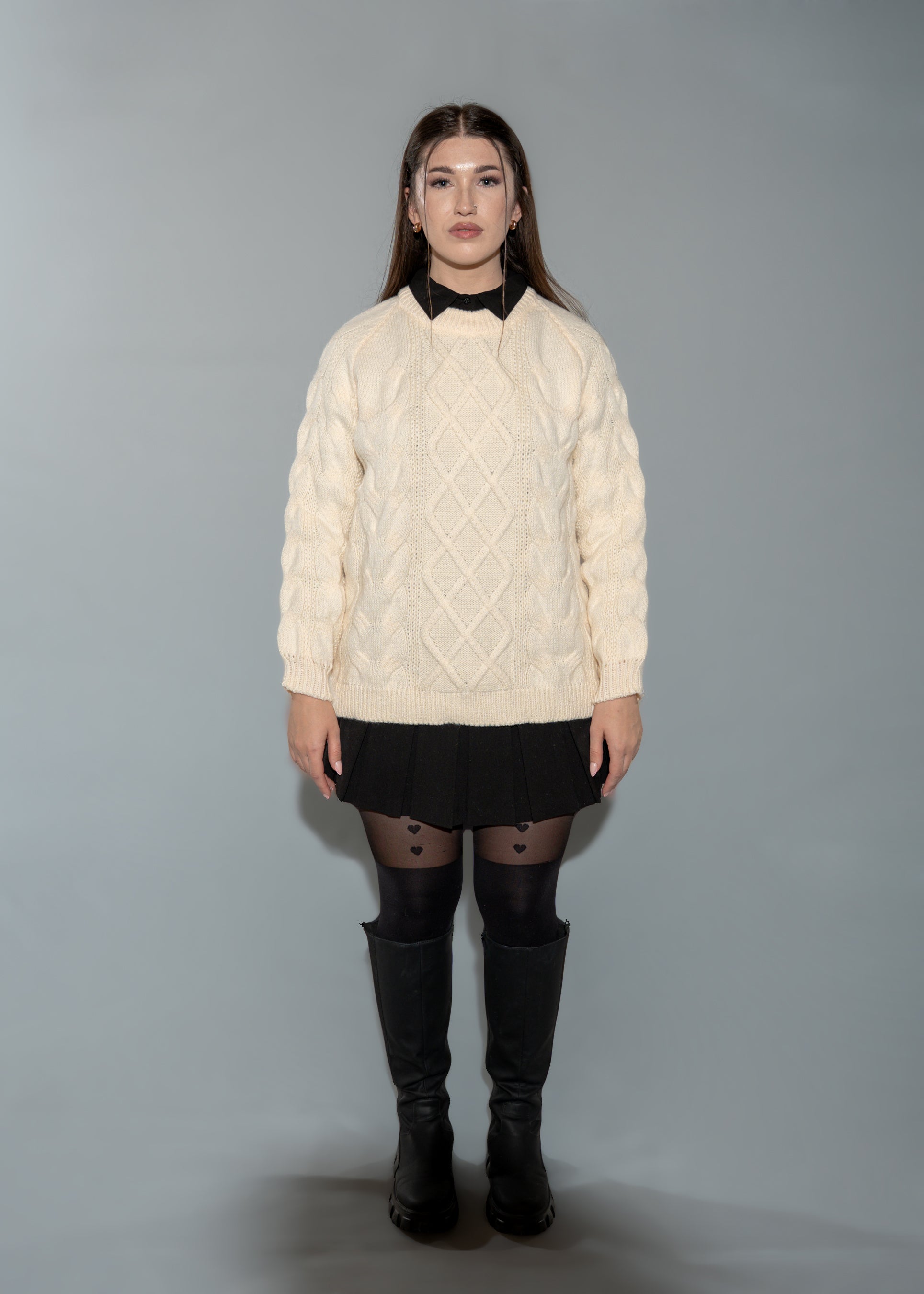 Women's Cream/ Beige Cable Knit Sweater - Long Sleeve Crew Neck Pullover
