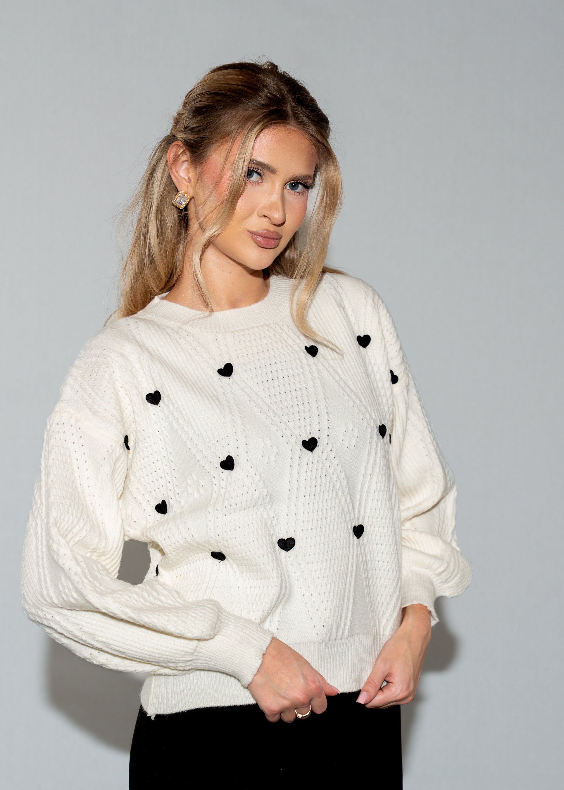 Beige 3D Heart Pattern Sweater