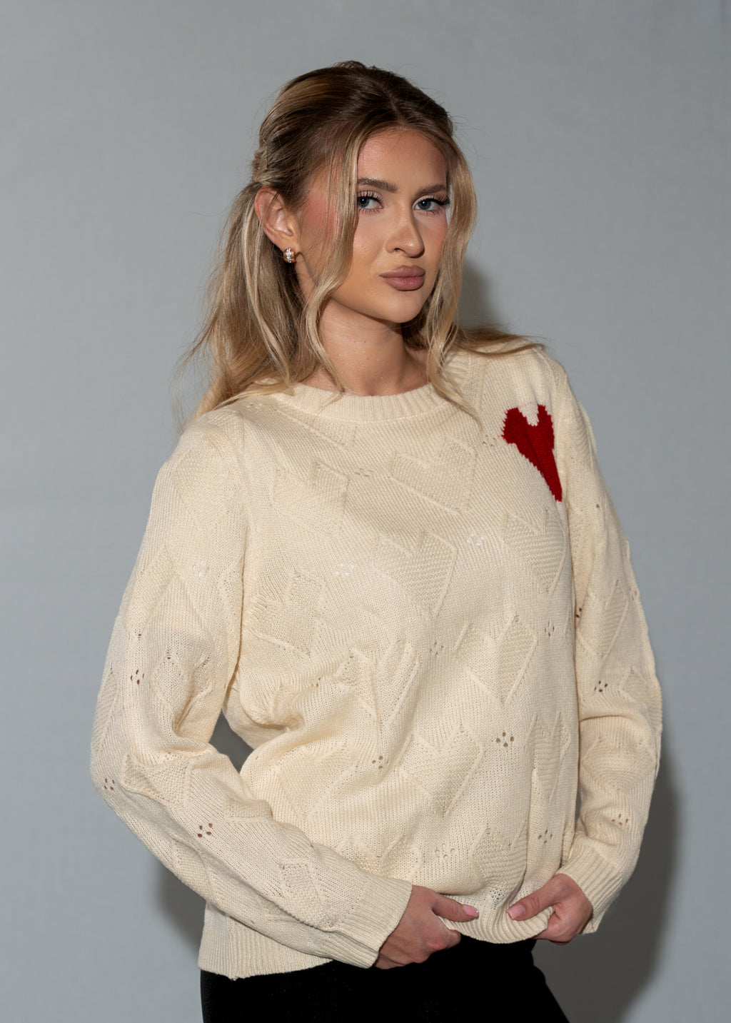 Women's Red Heart Beige Knit Sweater - Long Sleeve Crew Neck Pullover