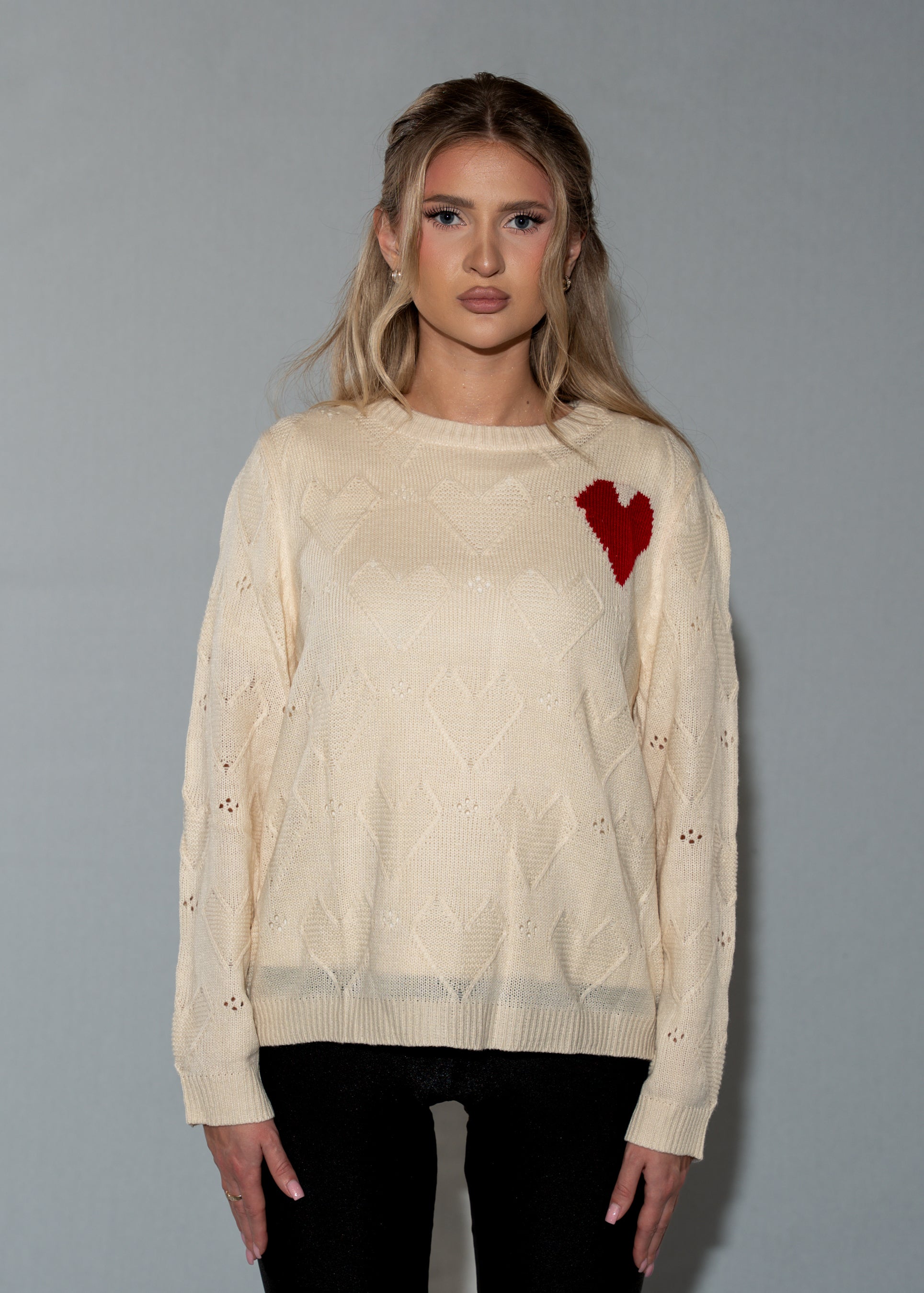 Women's Red Heart Beige Knit Sweater - Long Sleeve Crew Neck Pullover