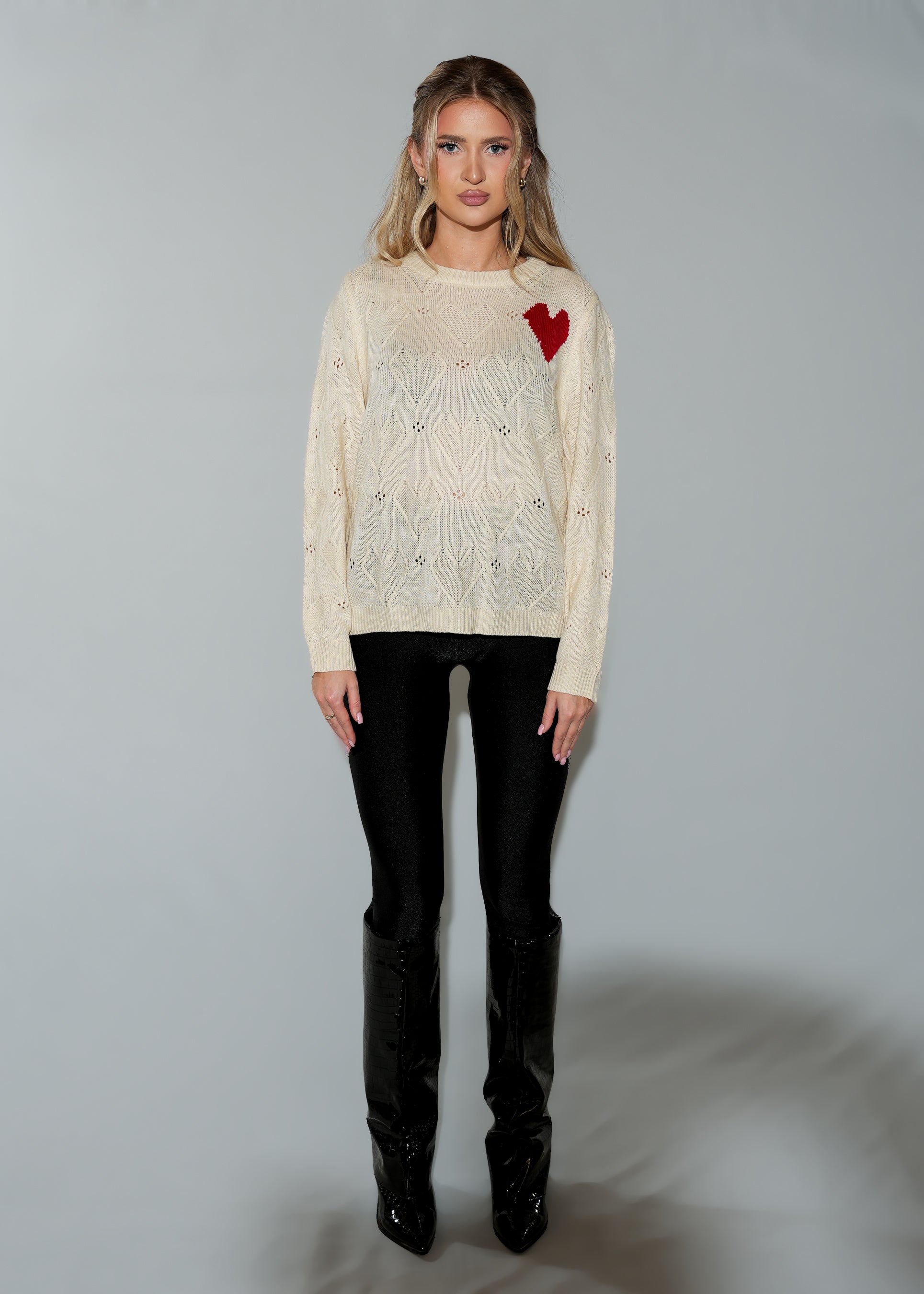 Women's Red Heart Beige Knit Sweater - Long Sleeve Crew Neck Pullover
