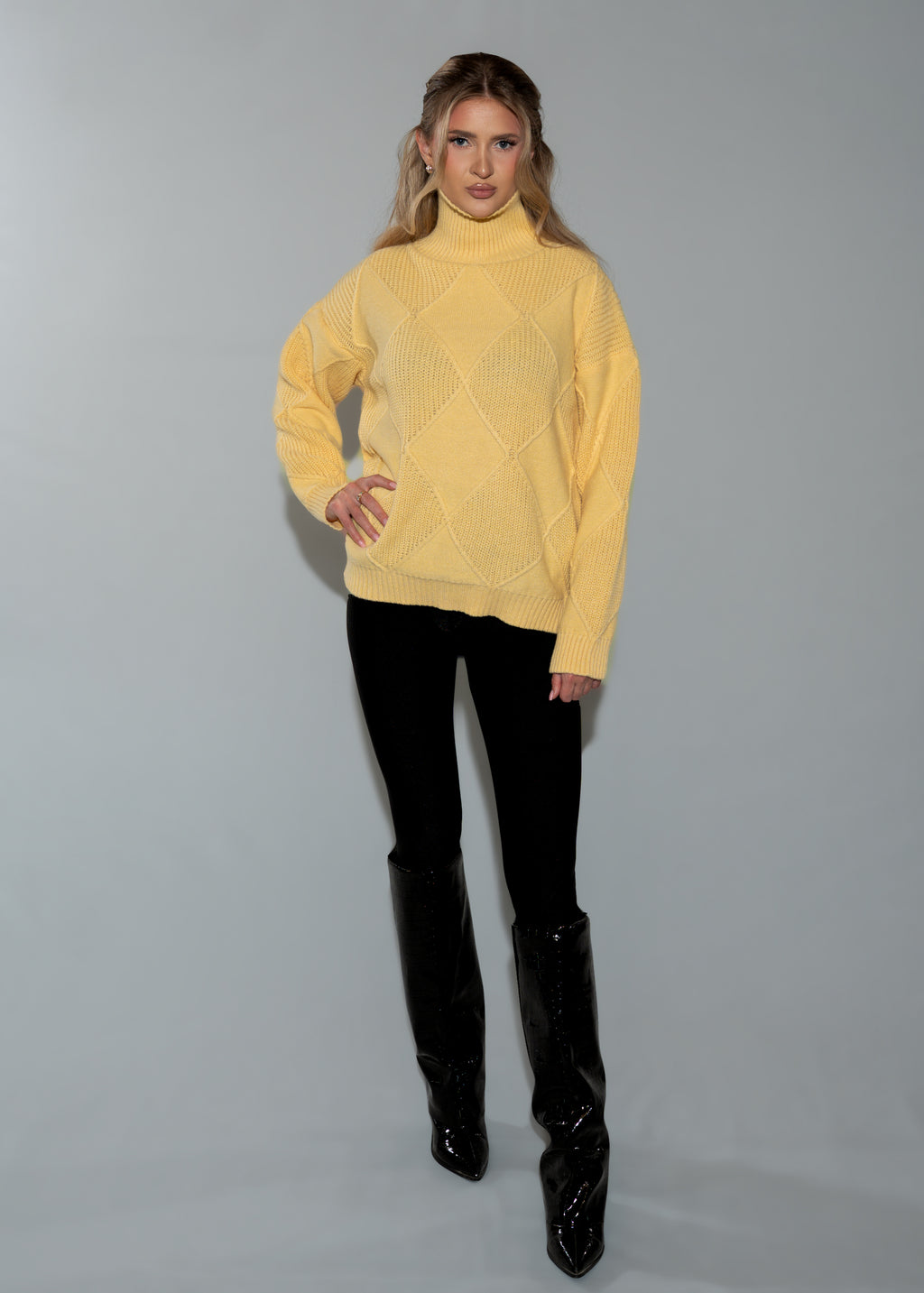 Women's Oversized Turtleneck Sweater Dress - Yellow Knit Tunic
