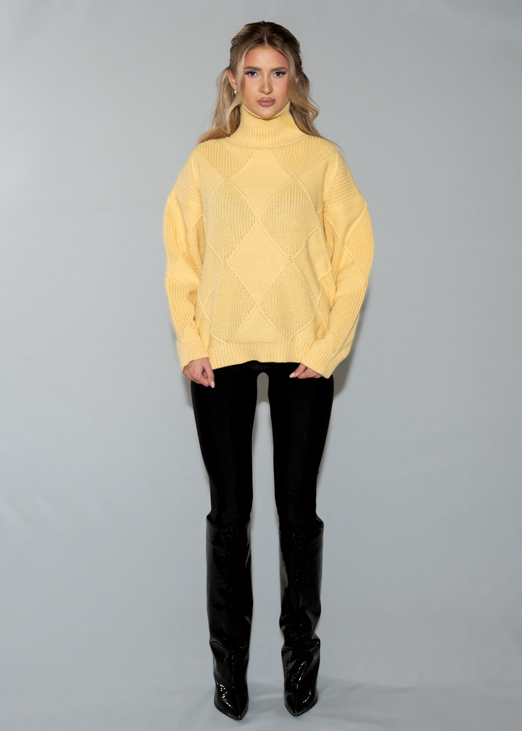 Women's Oversized Turtleneck Sweater Dress - Yellow Knit Tunic