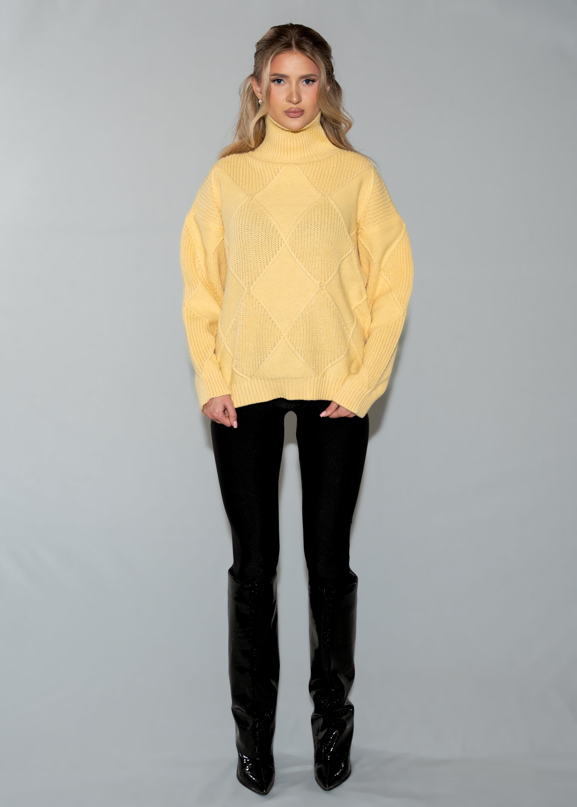 Women's Oversized Turtleneck Sweater Dress - Yellow Knit Tunic