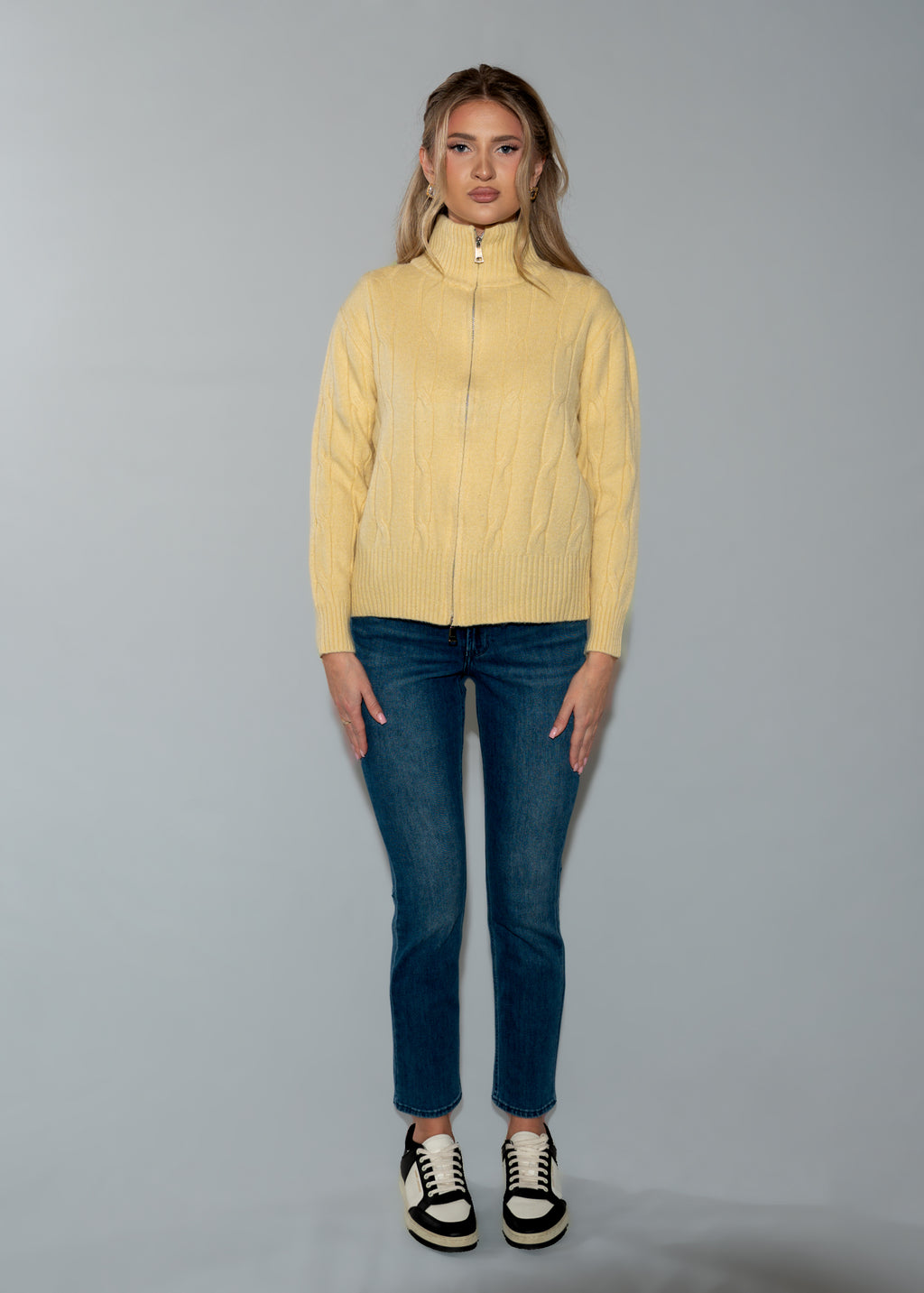 Women's Cable Knit Full-Zip Cardigan Sweater - Yellow Stand Collar Cardigan