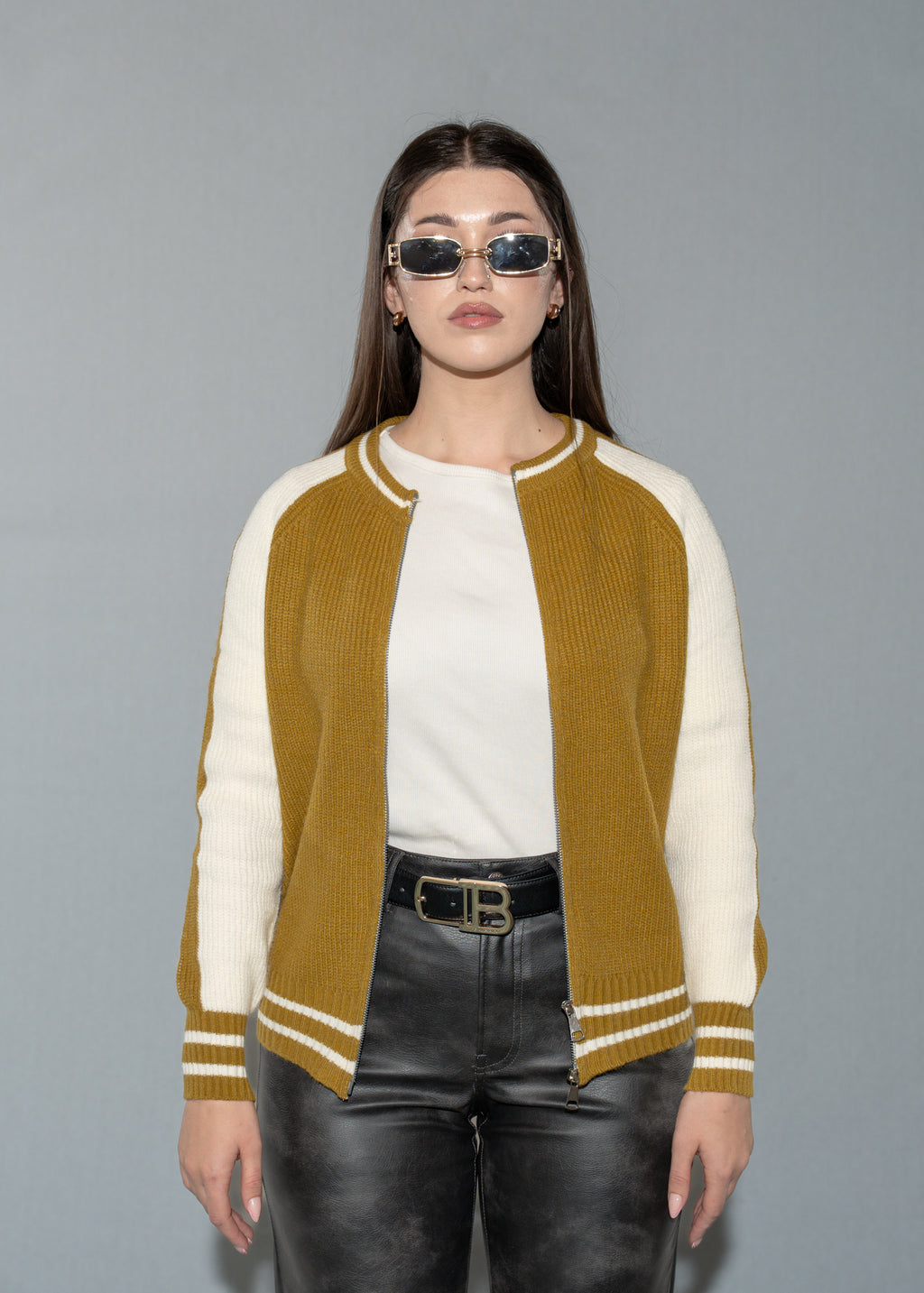 Mustard and Cream Color Knit Jacket with Zip