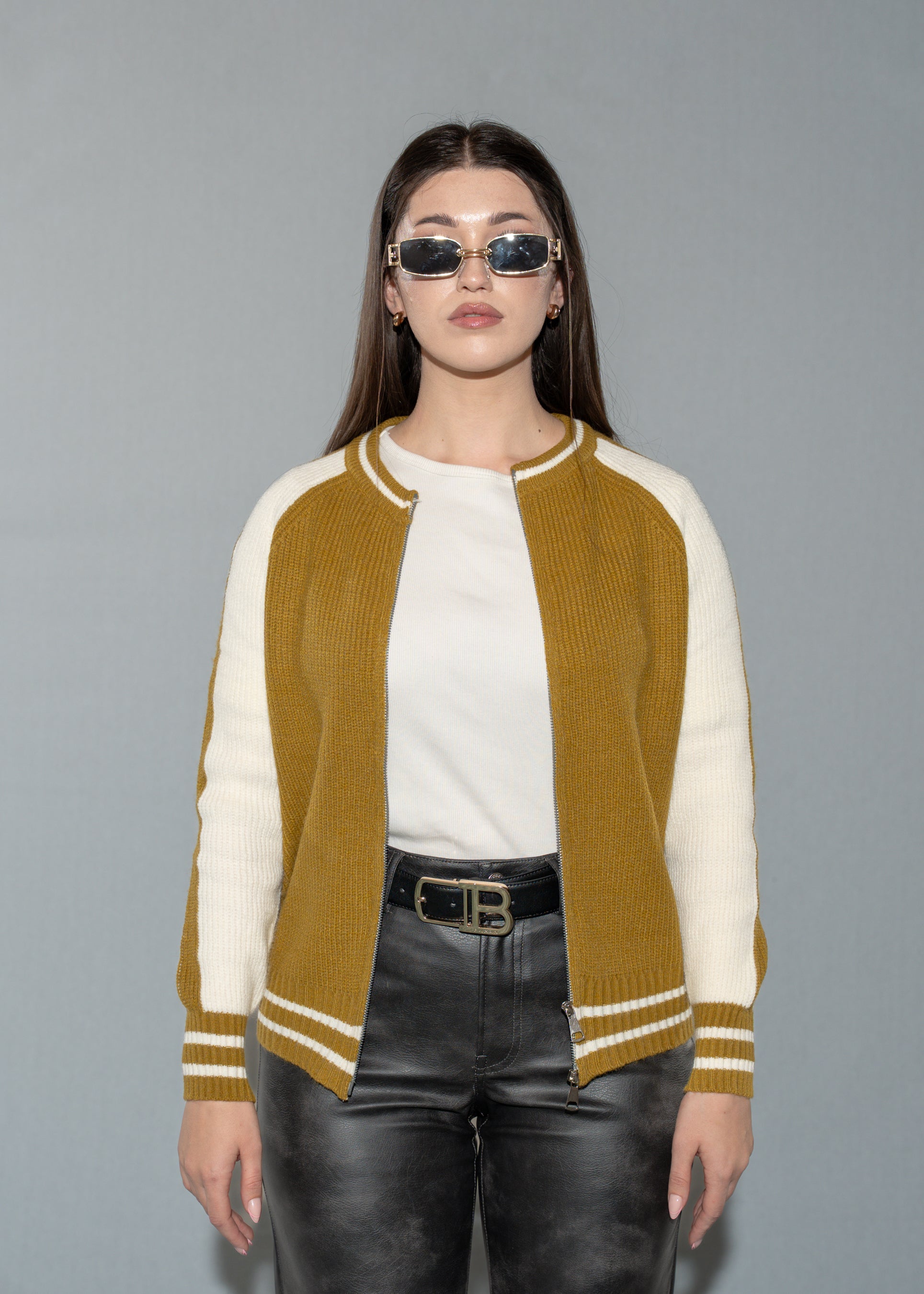 Mustard and Cream Color Knit Jacket with Zip