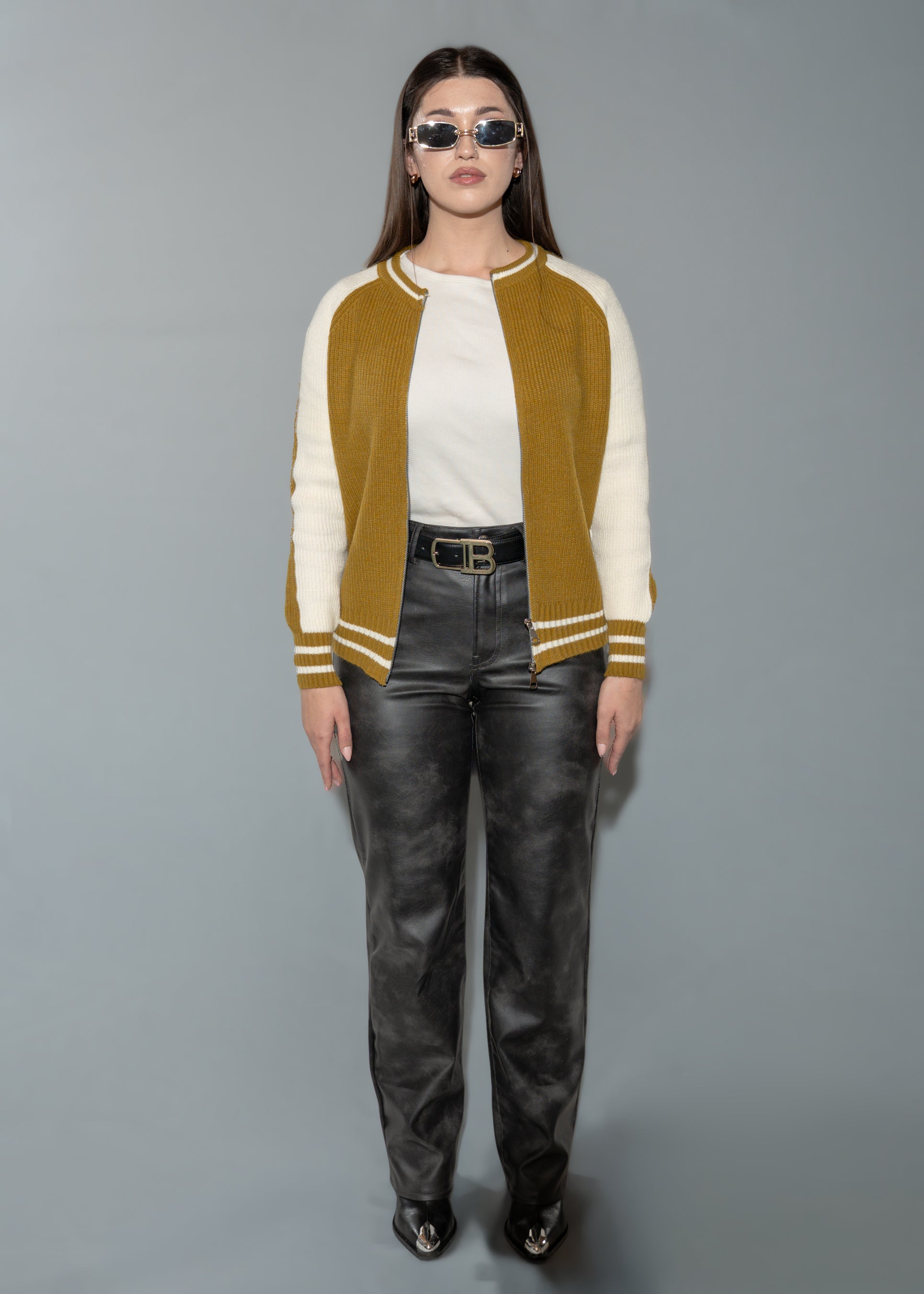 Mustard and Cream Color Knit Jacket with Zip