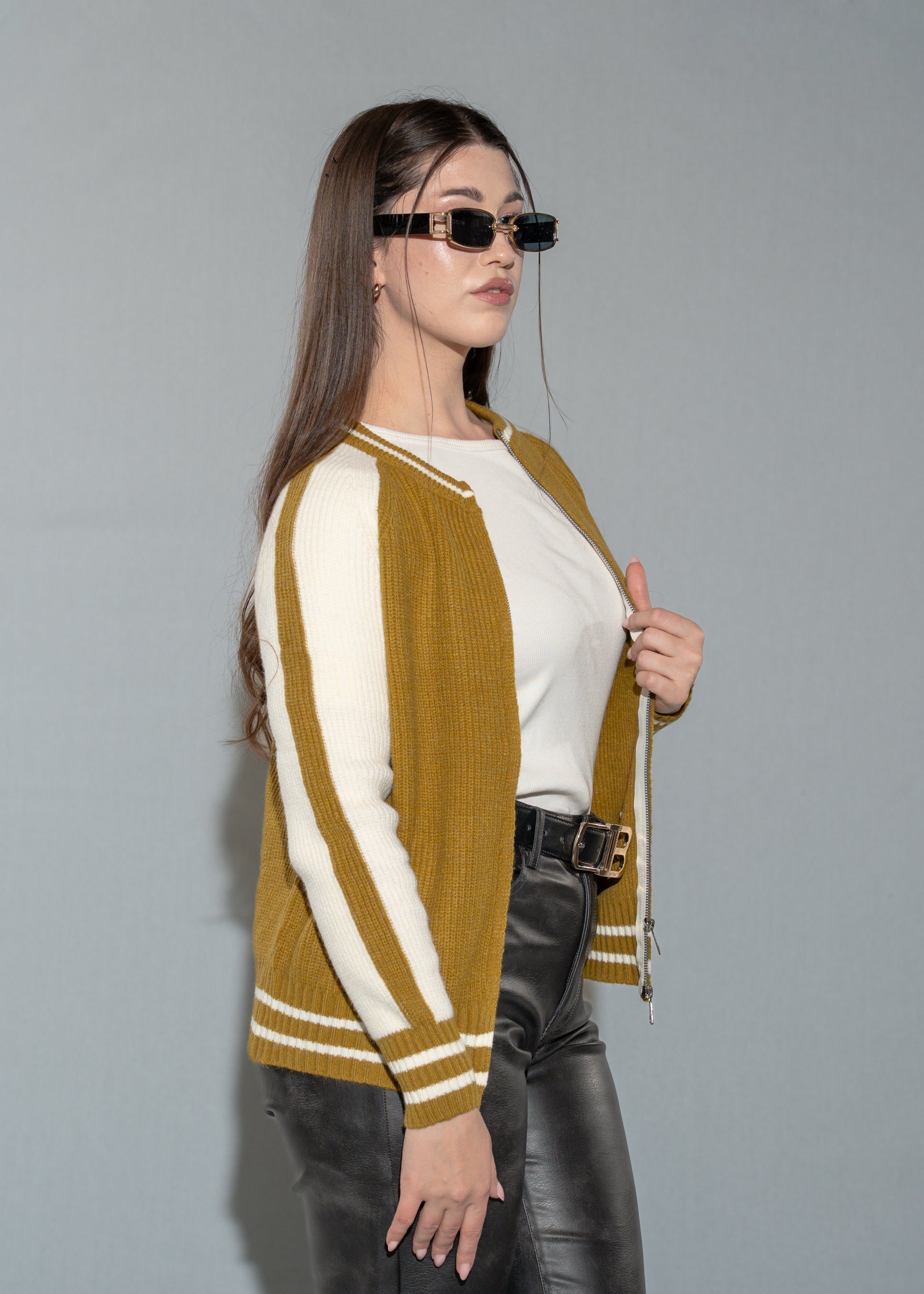 Mustard and Cream Color Knit Jacket with Zip