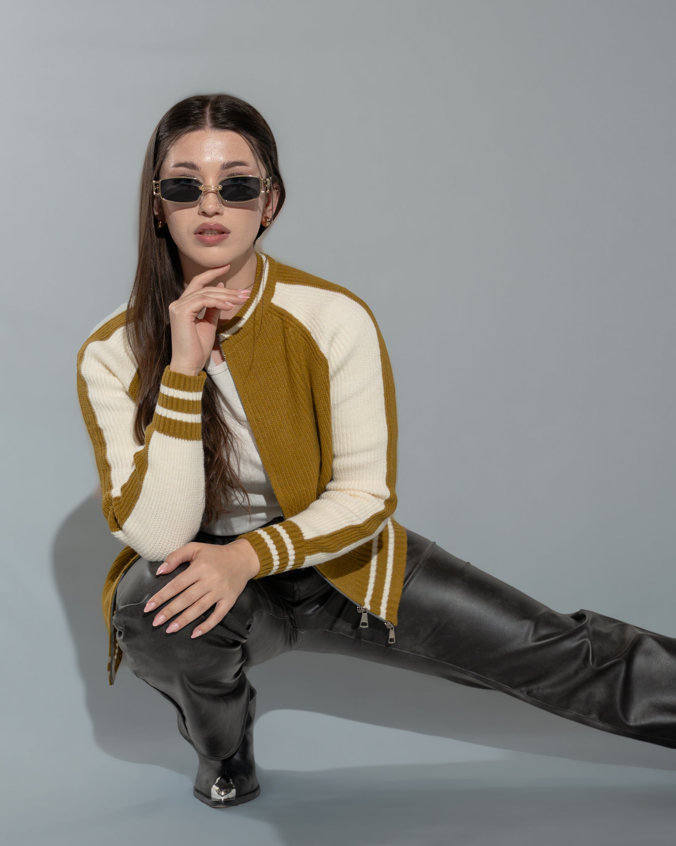 Mustard and Cream Color Knit Jacket with Zip